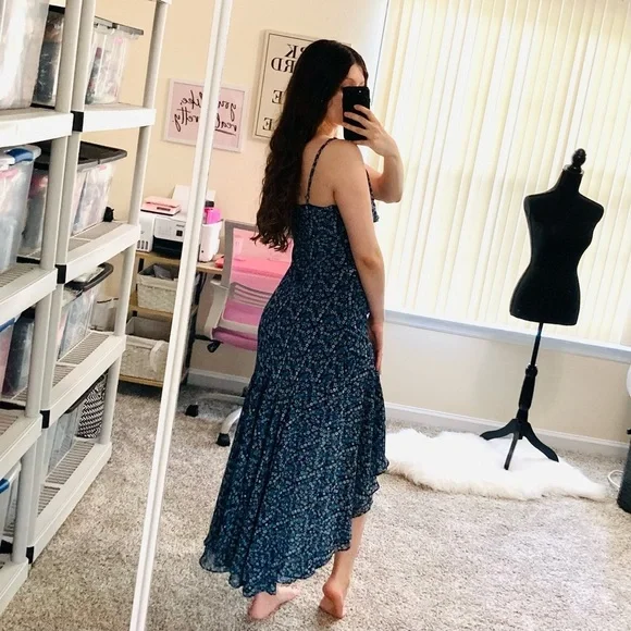 Vintage Cartise Dress Maxi Blue Black Floral Ruffled High Low Long Summer Small - Picture 2 of 12